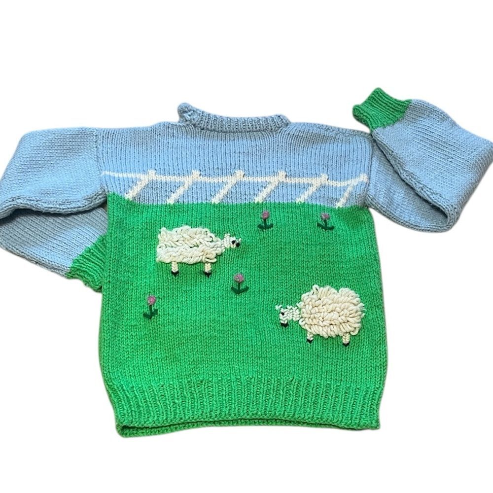 Vintage 80s Handknit 3D Sheep Sweater Cottagecore Folk Whimsical